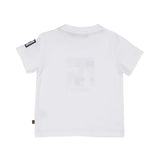 Rear view of a plain white and beige  Aigner Kids cotton T-shirt showing the branded black square patch on the sleeve and a small logo tag at the side seam.