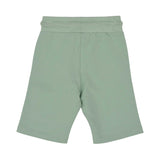Back view of the forest green baby shorts. It shows the texture of the cotton fabric, the dark green and white braided drawstring, and the signature Aigner horseshoe logo patch in white and green.