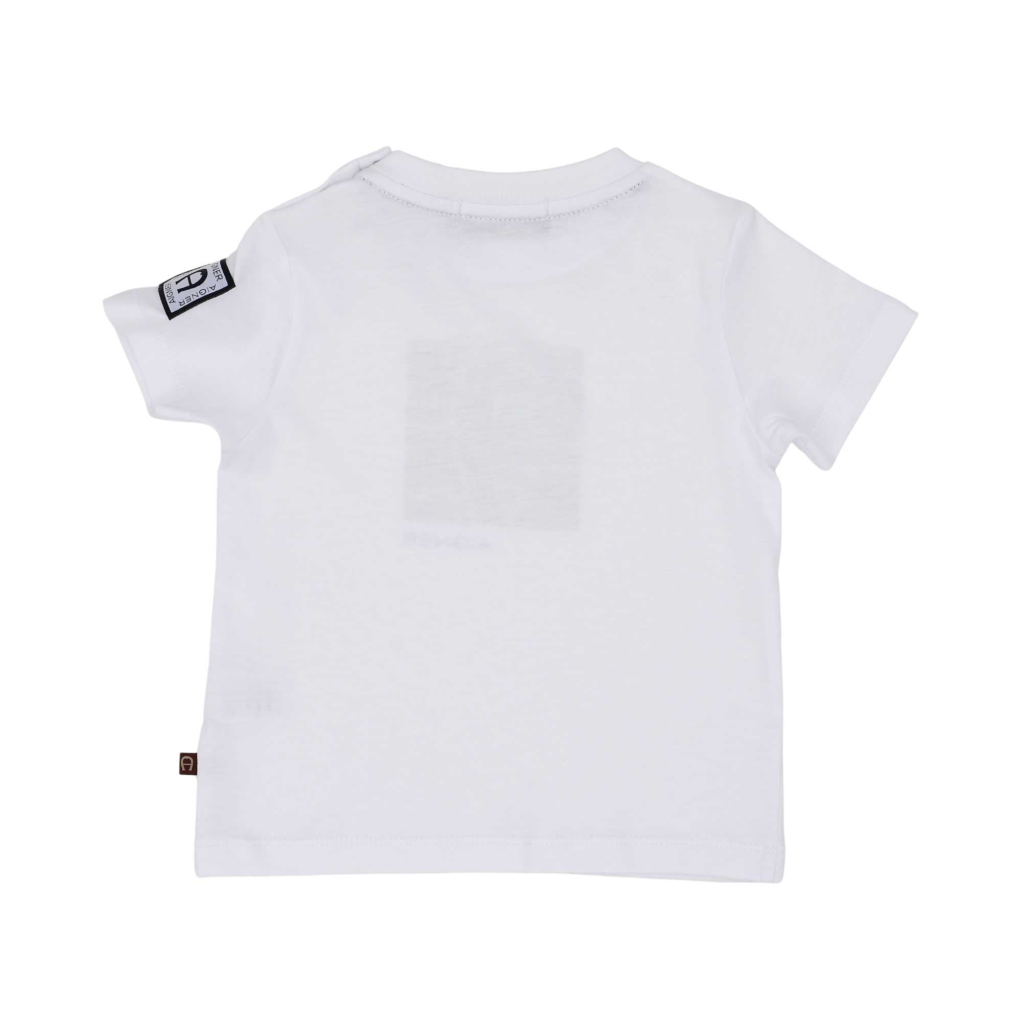 Back view flat lay of the Aigner Kids two-piece set. The white T-shirt includes two white snap buttons on the left shoulder for easy dressing, paired with matching deep green drawstring shorts.