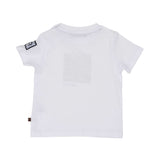 Back view flat lay of the Aigner Kids two-piece set. The white T-shirt includes two white snap buttons on the left shoulder for easy dressing, paired with matching deep green drawstring shorts.