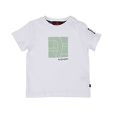 A flat lay of the Aigner Kids set. The white T-shirt features two white snap buttons on the left shoulder for easy dressing, paired with the matching forest green drawstring shorts.