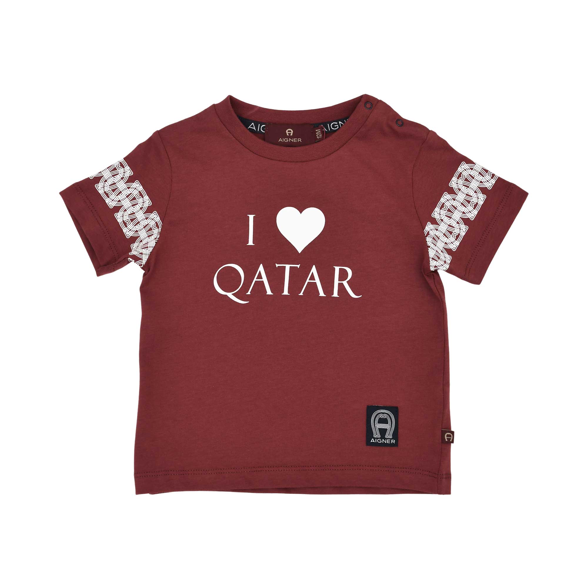 Aigner Kids Baby’s Burgundy T-Shirt with “I Love Qatar” Design and Horseshoe Sleeve Detail – Shop Now Online