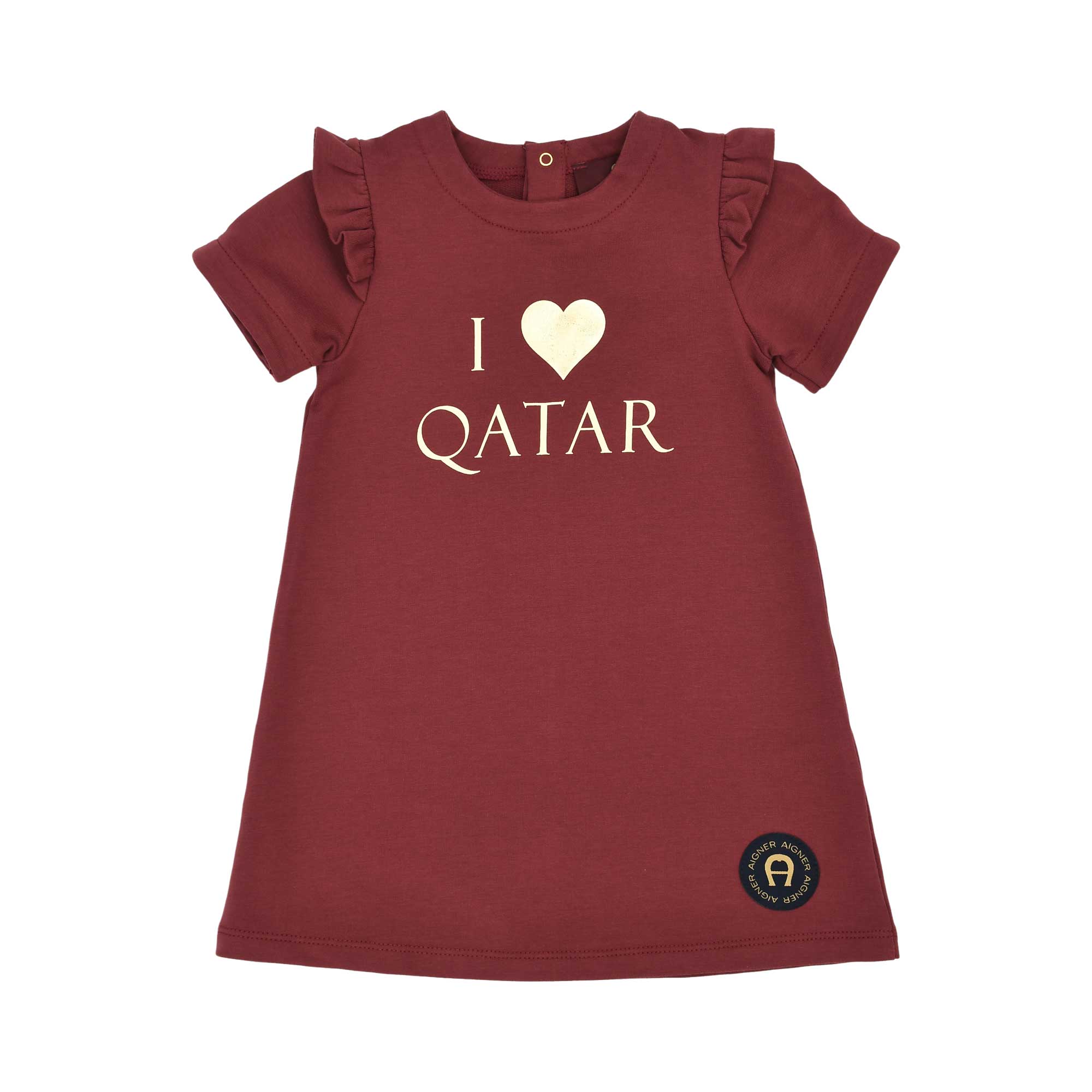 Aigner Kids Baby Girl’s Burgundy T-Shirt with Gold “I Love Qatar” Print and Ruffle Sleeves – Now Online