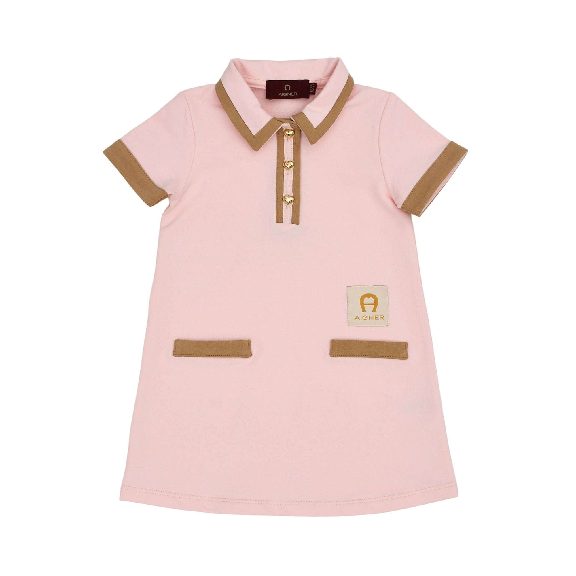 Aigner Kids Baby Girl’s Pink Polo Dress with Gold Heart Buttons and Logo Patch – Now Online