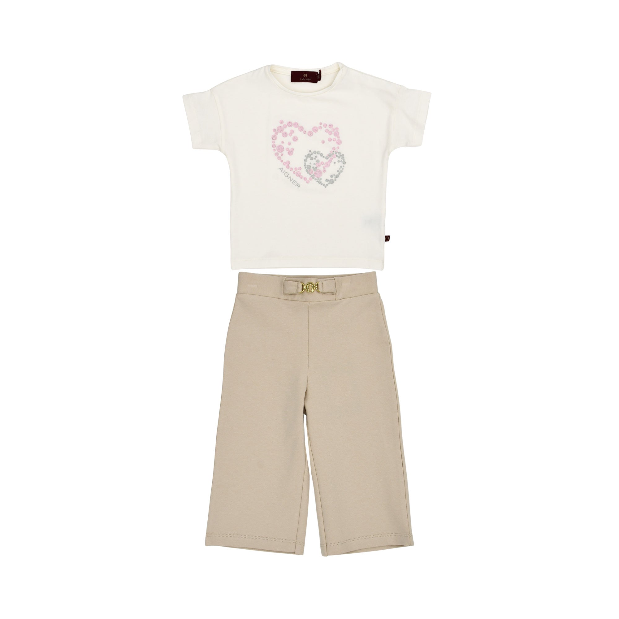 Aigner Kids Baby Girl’s White and Beige Set with Heart Print T-Shirt and Logo Waist Trousers – Find Online Today