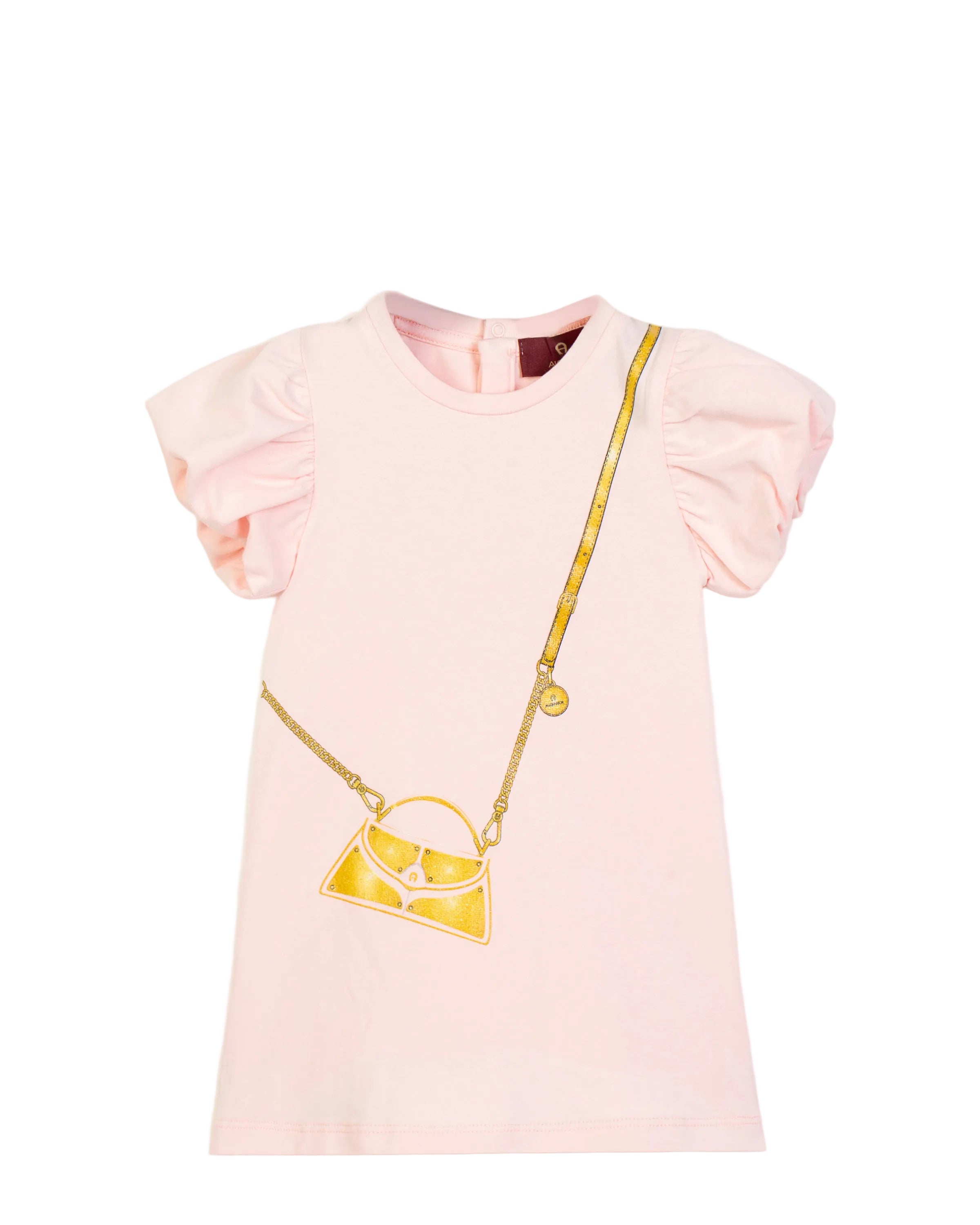 Front view flat-lay studio shot of the Aigner Kids baby girls pink short-sleeve dress, showcasing its dramatic gathered puff sleeves and central golden-yellow crossbody handbag graphic illustration.