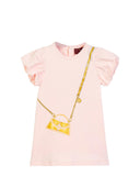 Front view flat-lay studio shot of the Aigner Kids baby girls pink short-sleeve dress, showcasing its dramatic gathered puff sleeves and central golden-yellow crossbody handbag graphic illustration.