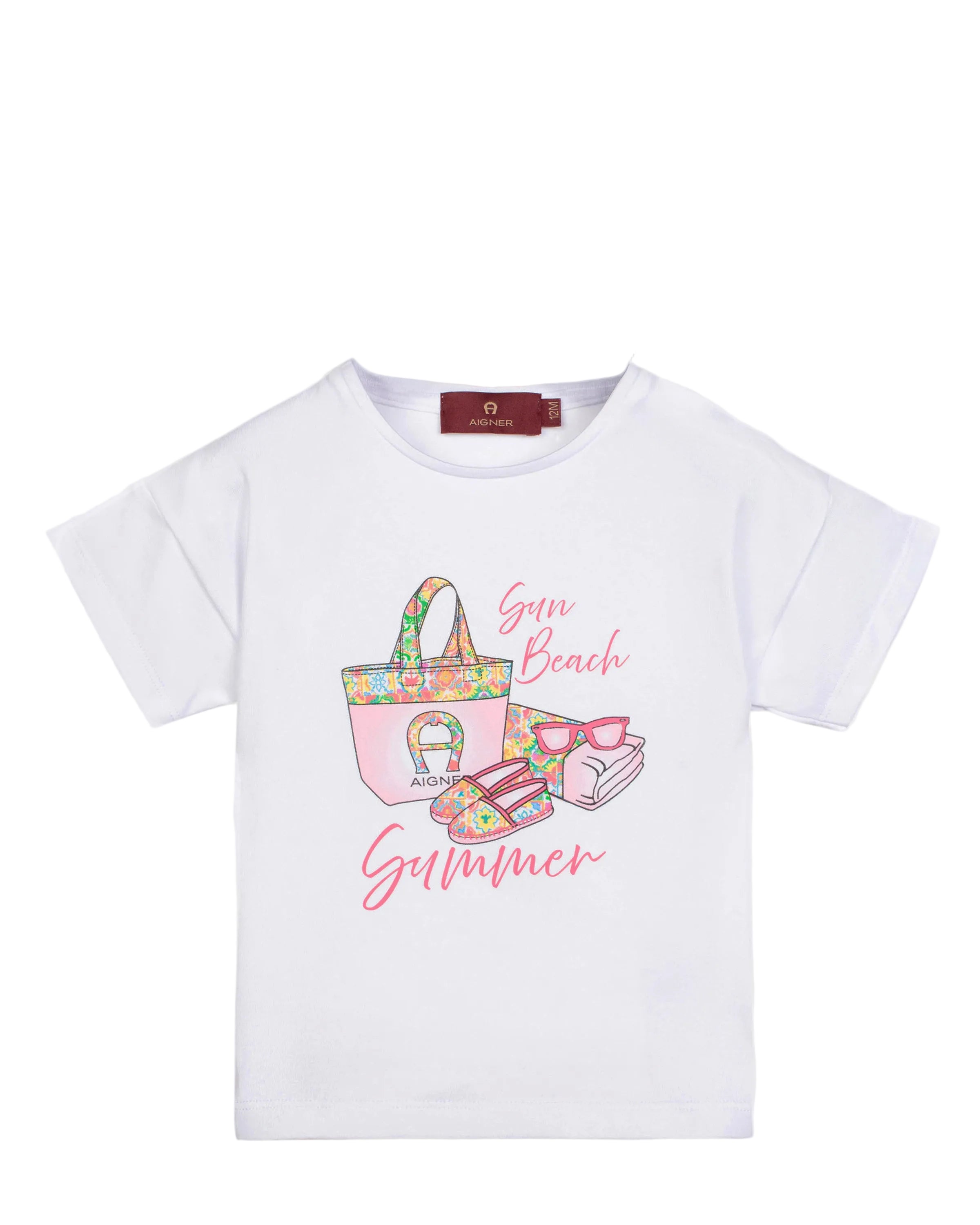 Front view of an Aigner Kids girls short-sleeved T-shirt in white, featuring a "Sun Beach Summer" graphic print with a pink tote bag and sunglasses.
