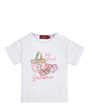 Front view of an Aigner Kids girls short-sleeved T-shirt in white, featuring a "Sun Beach Summer" graphic print with a pink tote bag and sunglasses.