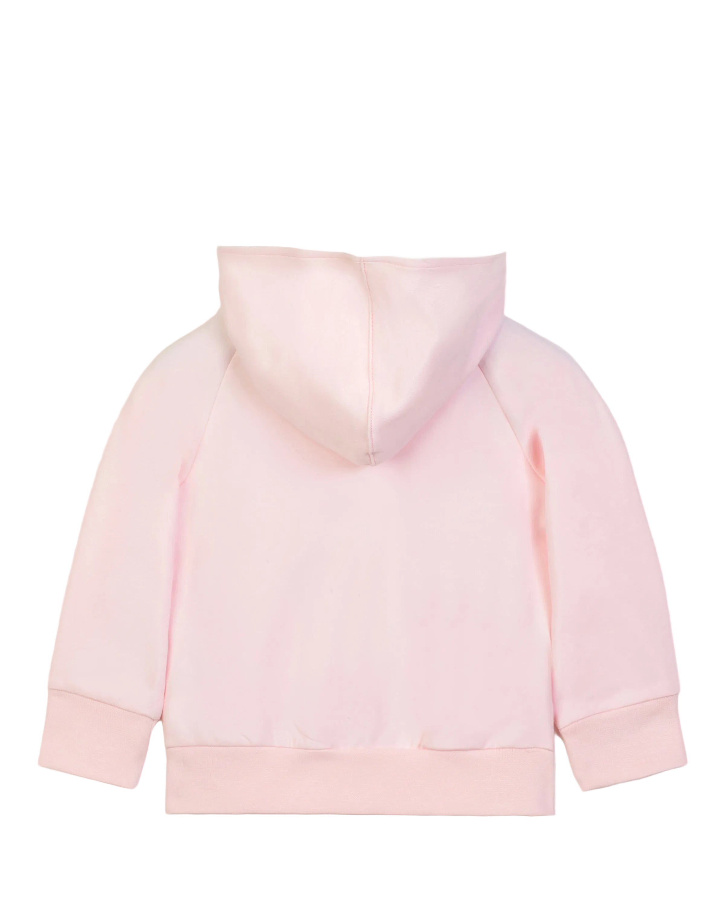 Rear studio presentation of the Aigner Kids pale pink baby hoodie jacket, displaying the clean back paneling, smooth raglan sleeve shoulders, and the attached relaxed fabric hood.