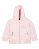Front view close-up shot of the Aigner Kids pale pink baby zip-up hoodie, highlighting the cozy fabric hood, zip hardware, side pockets, and the finely stitched tonal teddy bear brand motif.
