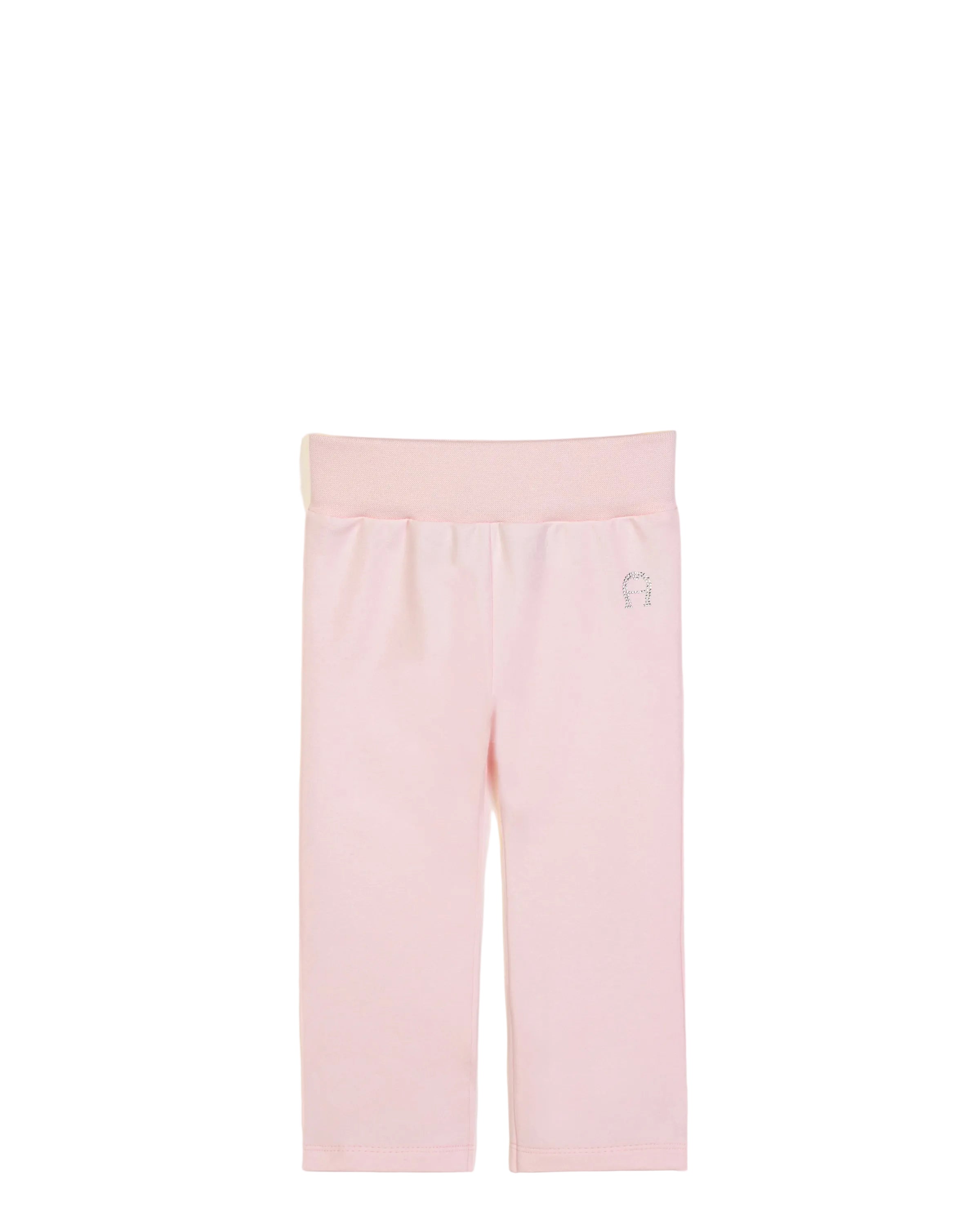 Front studio portrait of the Aigner Kids baby girls pale pink jogger trousers, showcasing the thick elasticated waistband and the sparkling rhinestone horseshoe 'A' logo embellishment on the thigh.