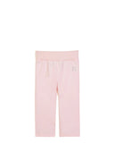 Front studio portrait of the Aigner Kids baby girls pale pink jogger trousers, showcasing the thick elasticated waistband and the sparkling rhinestone horseshoe 'A' logo embellishment on the thigh.