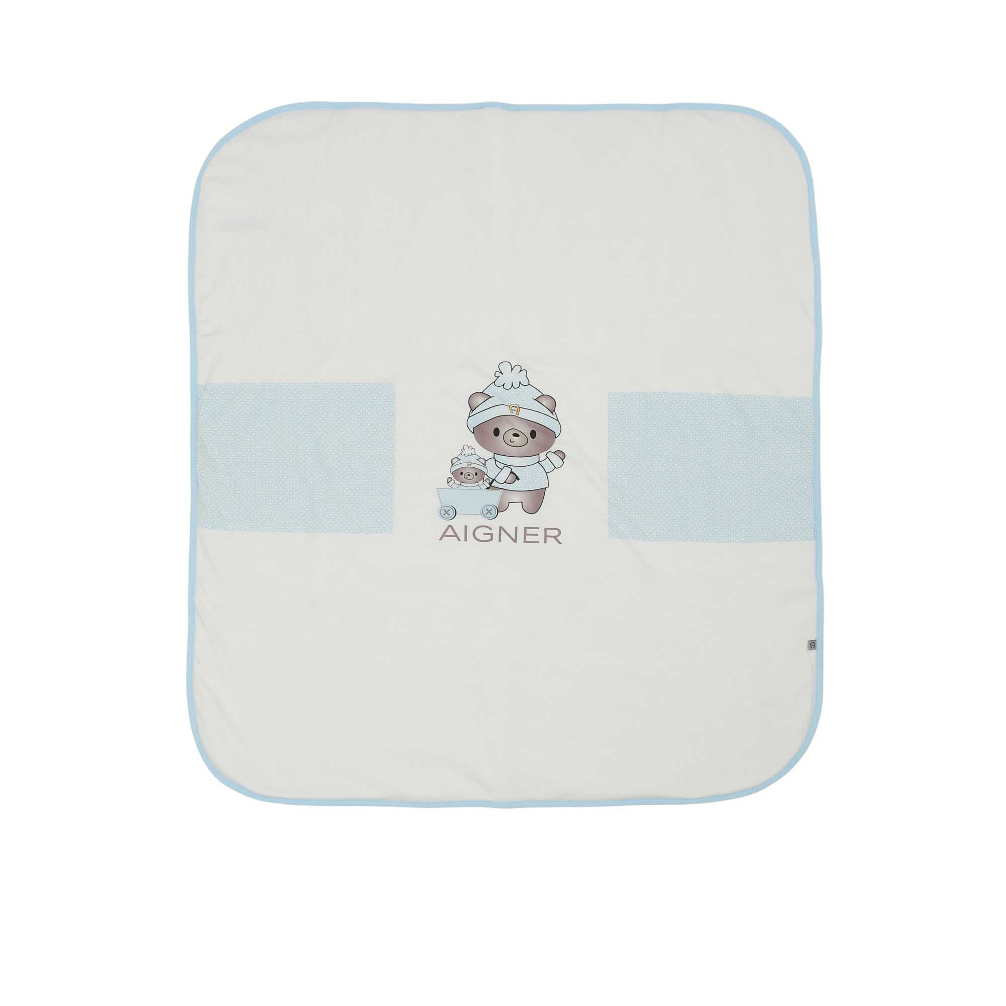 Aigner Kids blue  baby blanket folded at the corner to show the soft double-layer fabric and manufacturer's care tag.