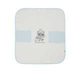 Aigner Kids blue  baby blanket folded at the corner to show the soft double-layer fabric and manufacturer's care tag.