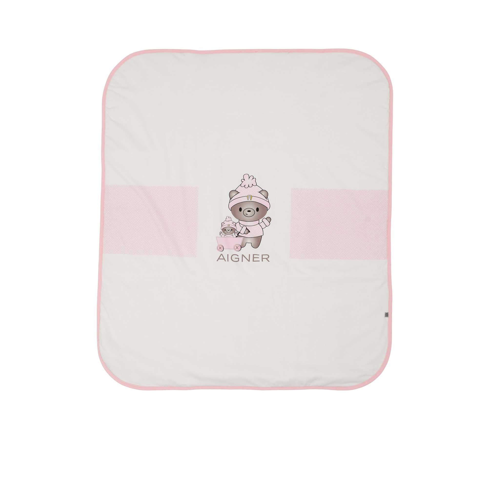 Aigner Kids pink baby blanket folded at the corner to show the soft double-layer fabric and manufacturer's care tag.