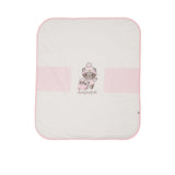 Aigner Kids pink baby blanket folded at the corner to show the soft double-layer fabric and manufacturer's care tag.