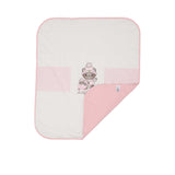 Aigner Kids pink baby blanket folded at the corner to show the soft double-layer fabric and manufacturer's care tag.
