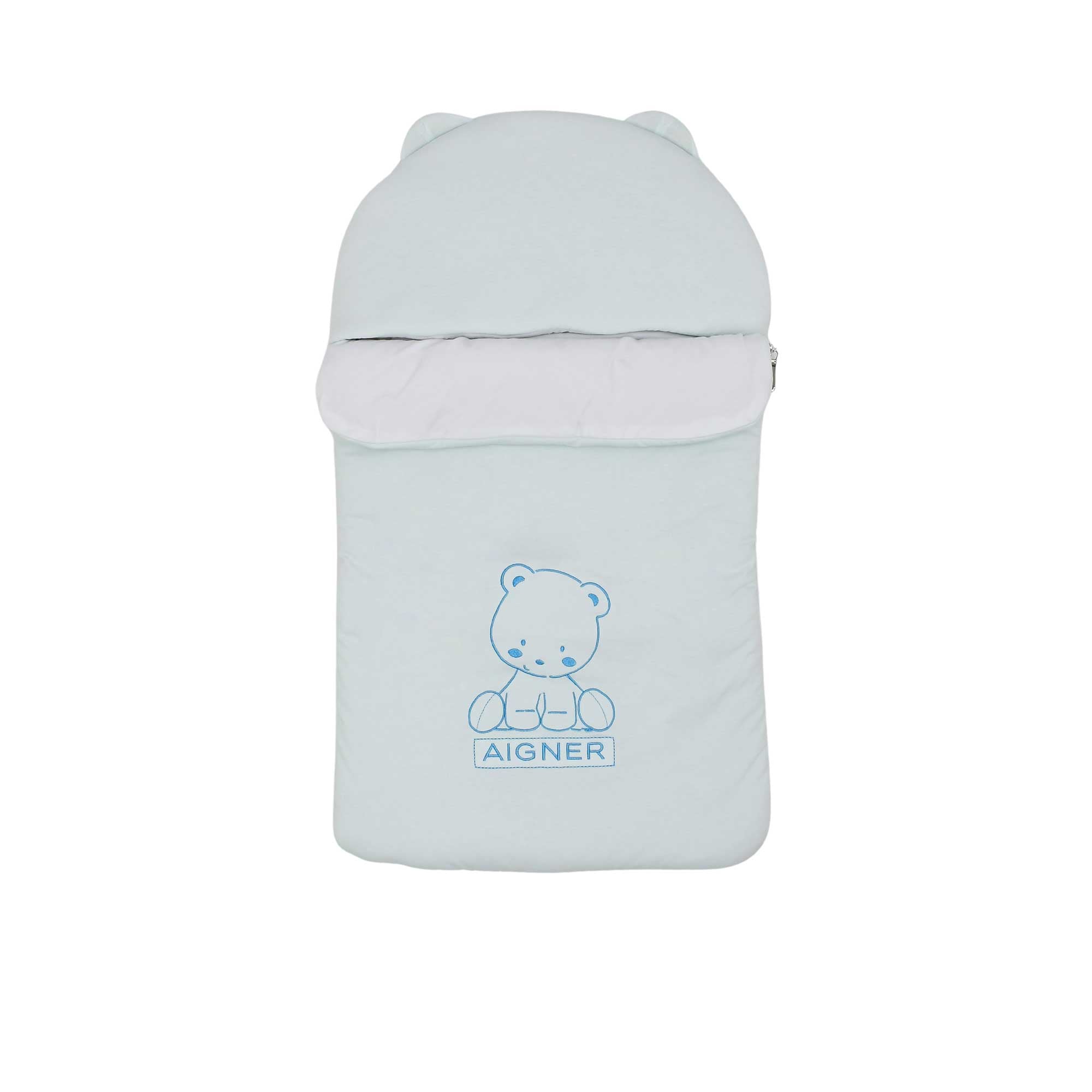 Front view of a blue Aigner Kids baby nest featuring an embroidered teddy bear, Aigner logo, and a hood with small rounded ears.