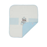 Aigner Kids blue baby blanket folded at the corner to show the soft double-layer fabric and manufacturer's care tag.