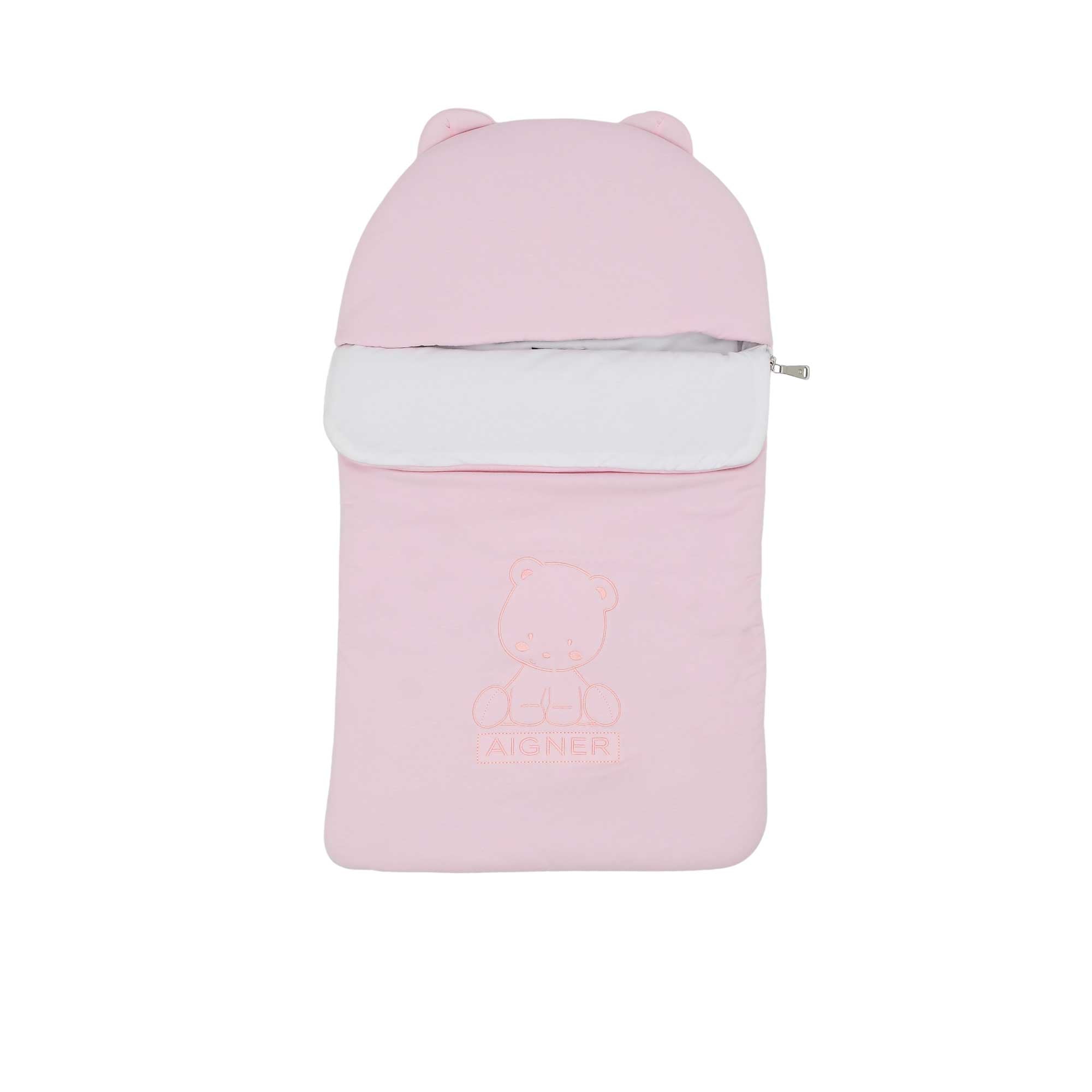 Front view of a pink Aigner Kids baby nest featuring an embroidered teddy bear, Aigner logo, and a hood with small rounded ears.