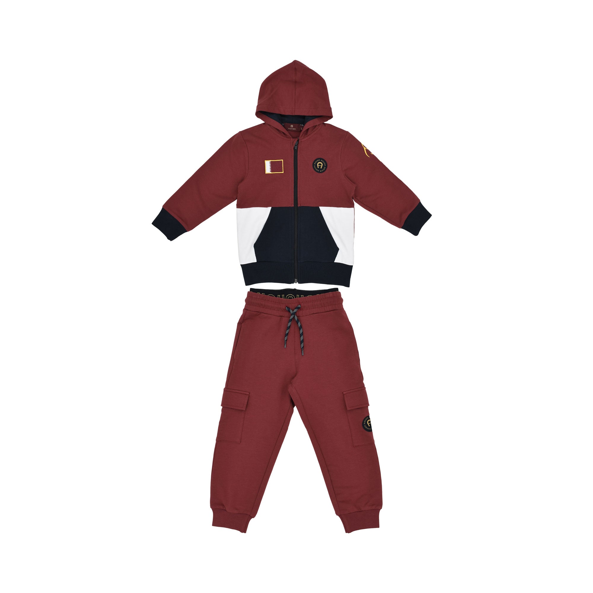 Aigner Kids Boy’s Burgundy Jogging Suit with Color-Block Hoodie and Cargo Pants – Find Online Today