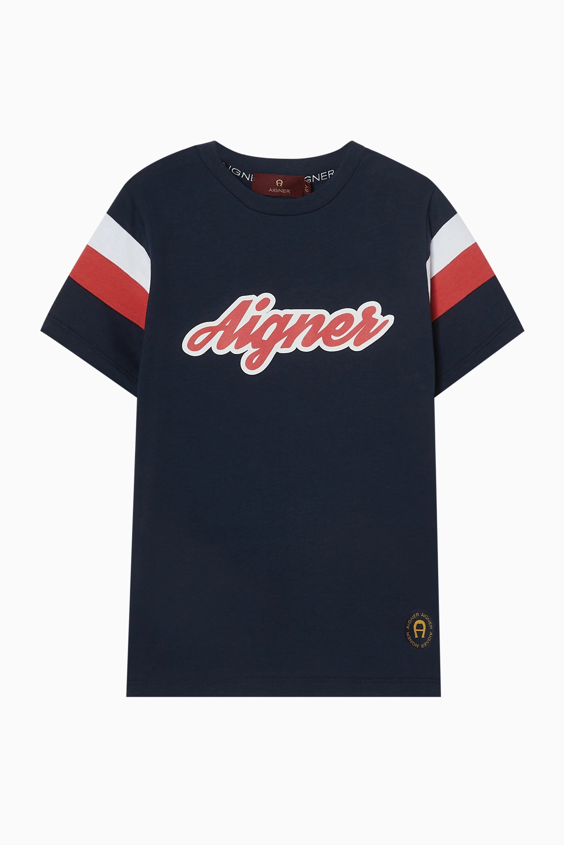 Aigner Kids Boy’s Navy Logo T-Shirt with Red and White Stripes – Find Online Today