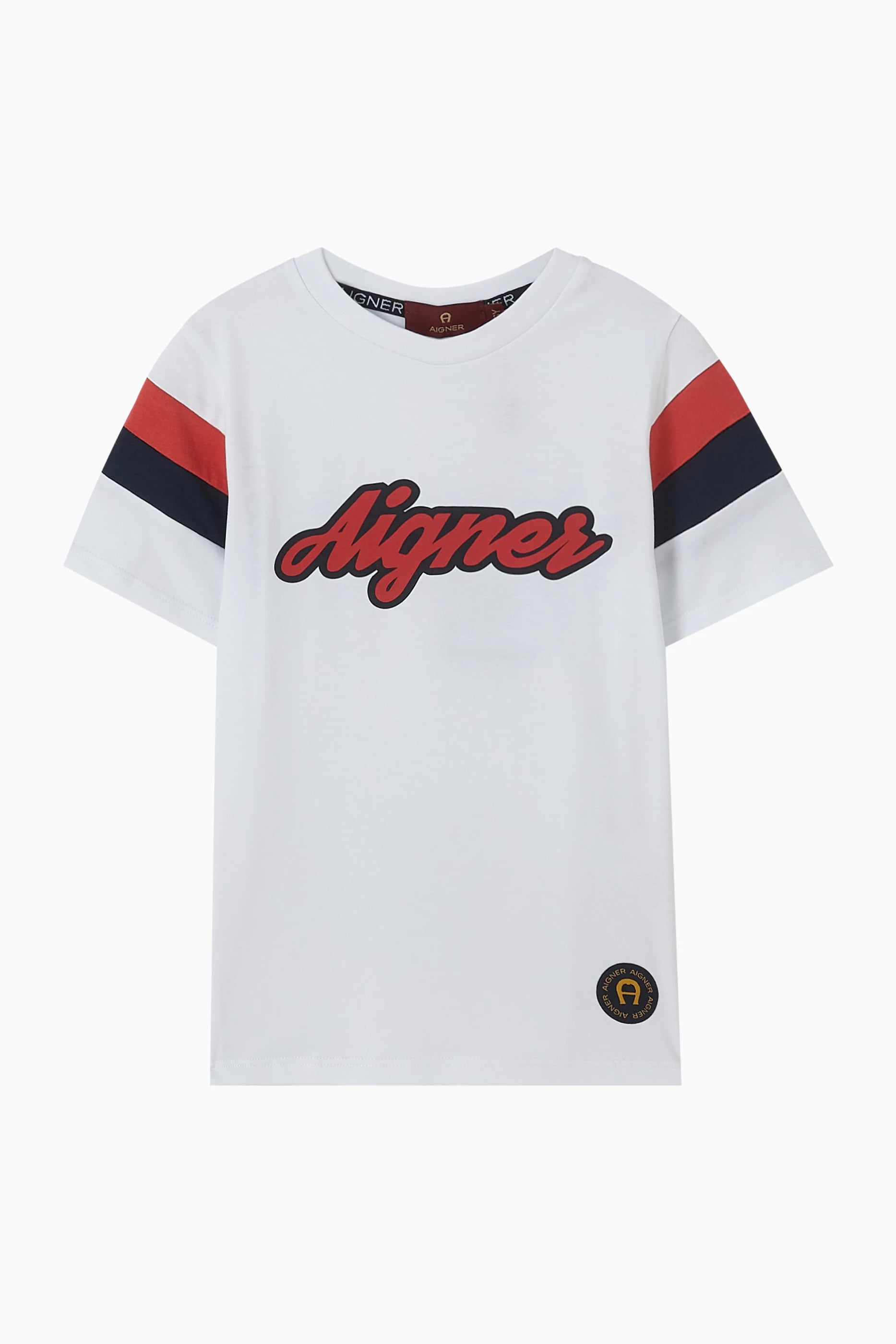 Aigner Kids Boy’s White Logo T-Shirt with Red and Navy Stripes – Find Online Today