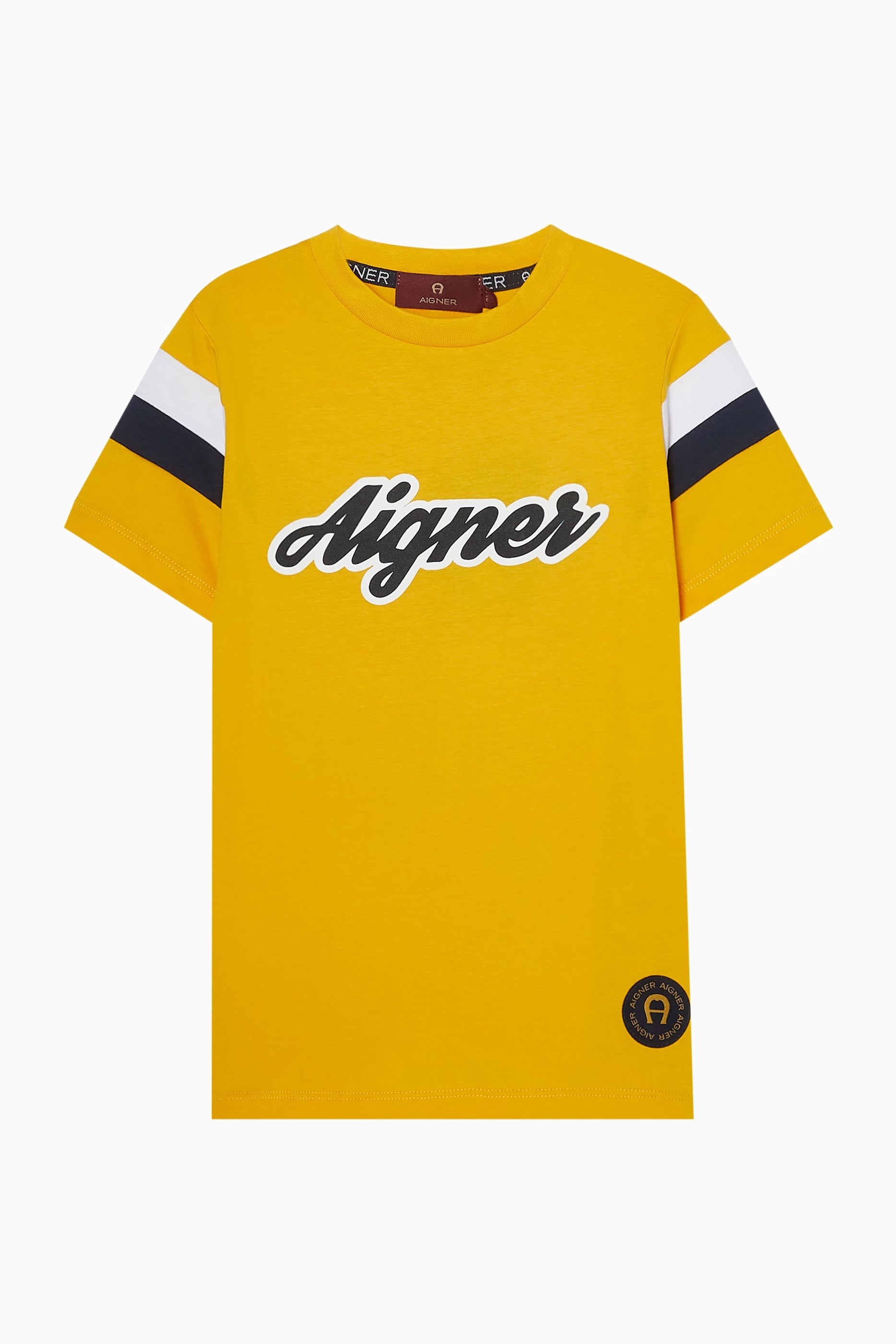 Aigner Kids Boy’s Yellow Logo T-Shirt with White and Navy Stripes – Find Online Today