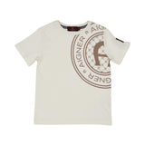White t-shirt with brown logo on a white background.