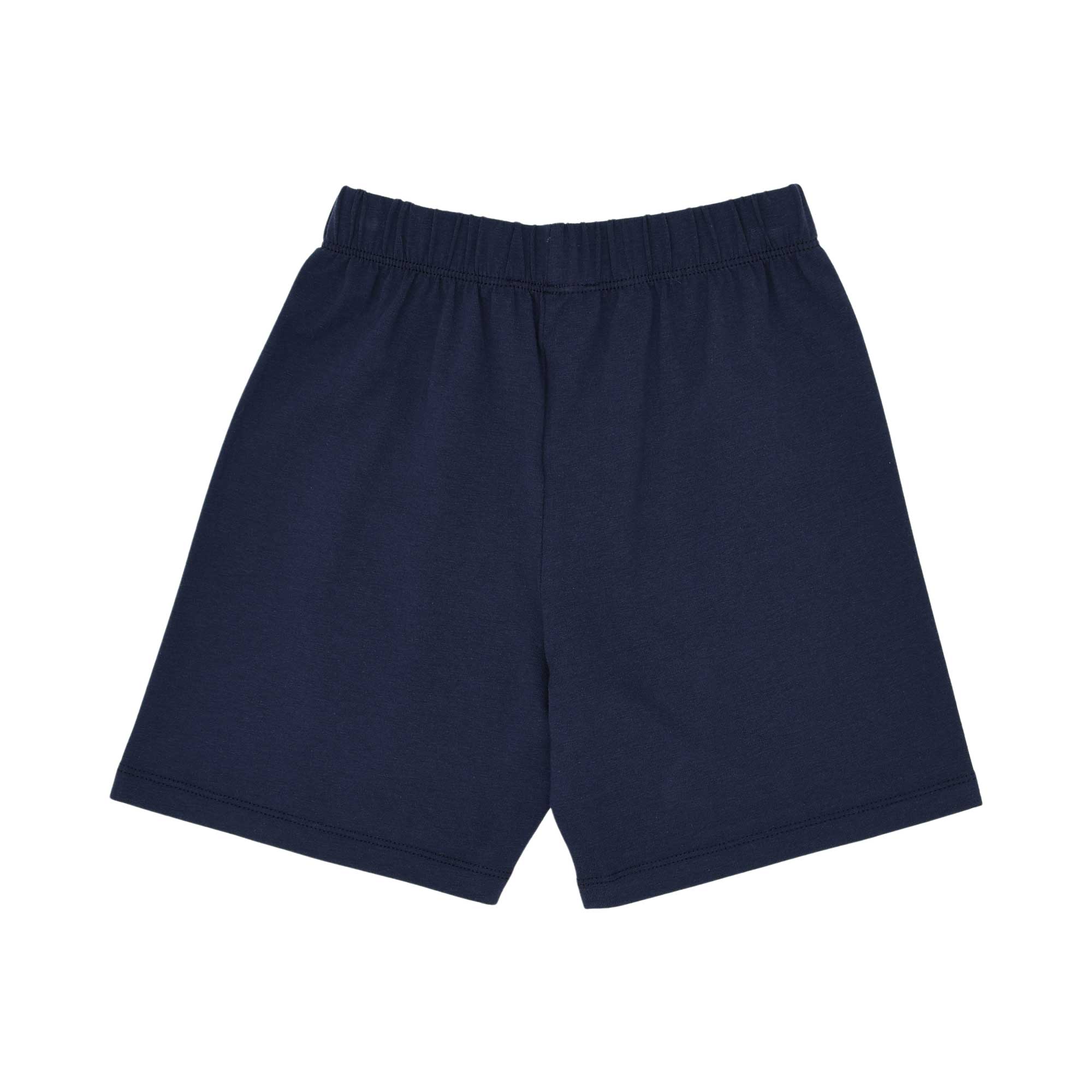 Back View  of the navy blue jersey shorts highlighting the elasticated waistband and the white Aigner logo print.