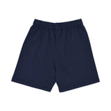 Back View  of the navy blue jersey shorts highlighting the elasticated waistband and the white Aigner logo print.