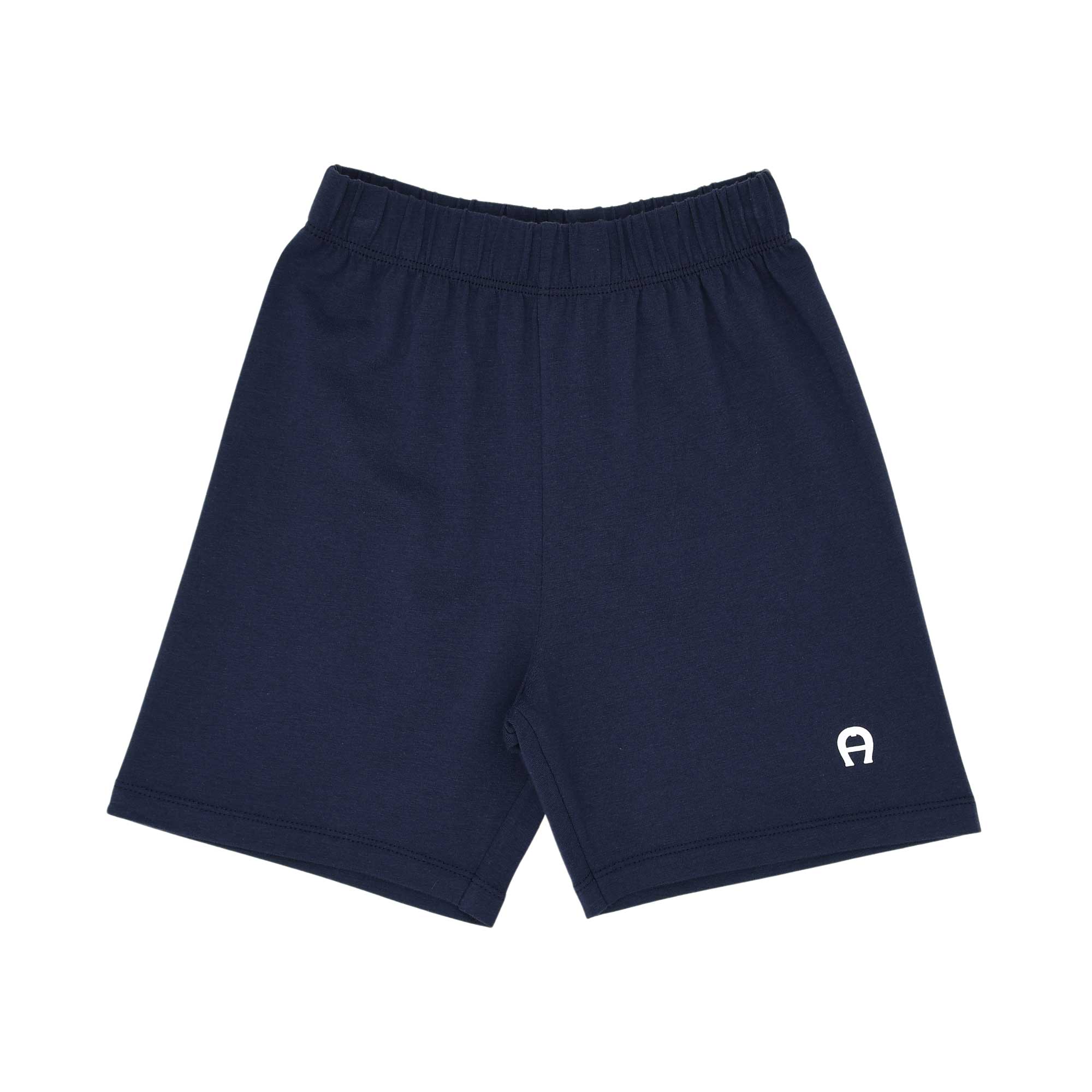 Close-up of the navy blue jersey shorts highlighting the elasticated waistband and the white Aigner logo print.