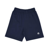 Close-up of the navy blue jersey shorts highlighting the elasticated waistband and the white Aigner logo print.