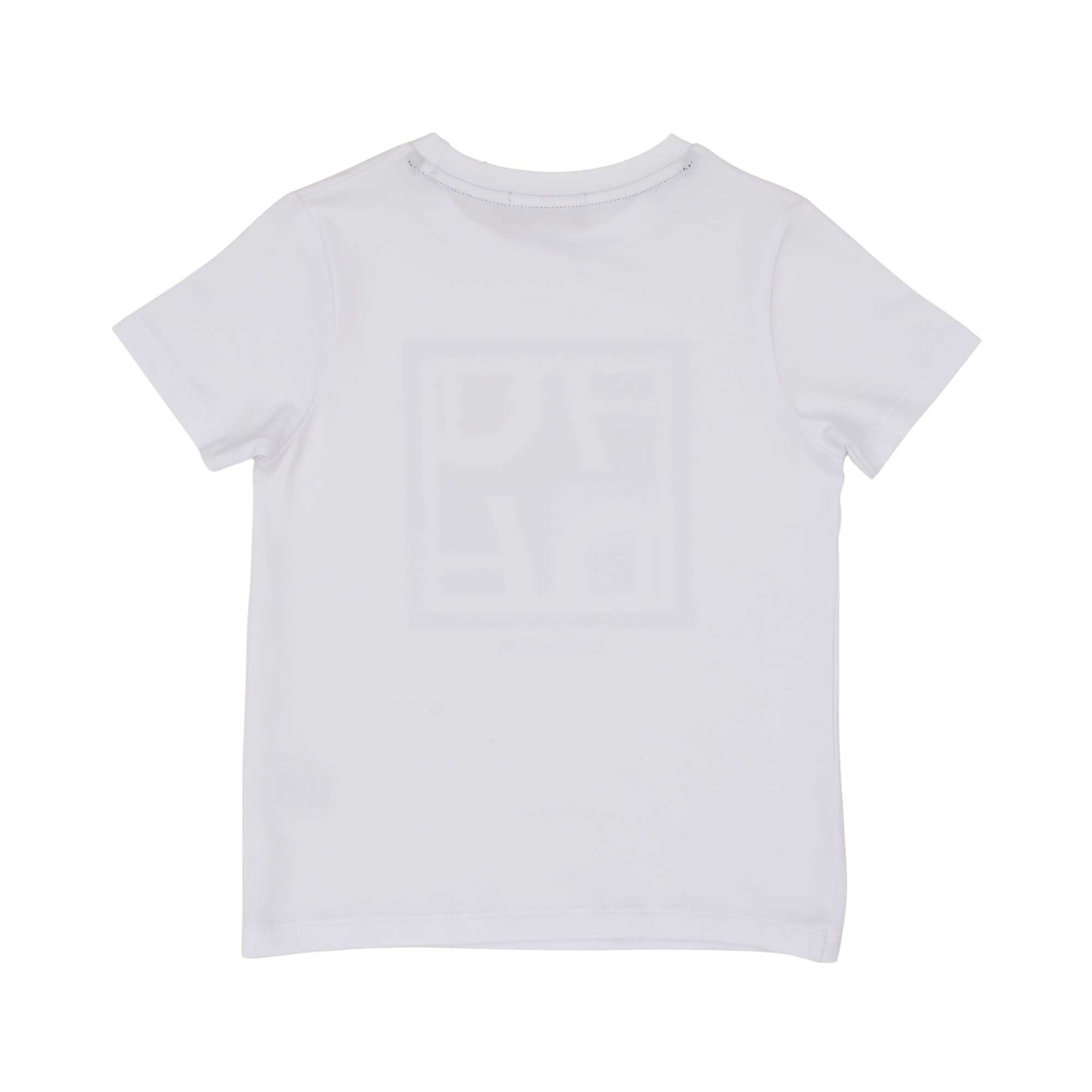 Back view of the white T-shirt showing the colorful geometric "A" logo box and crew neck collar.