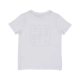Back view of the white T-shirt showing the colorful geometric "A" logo box and crew neck collar.
