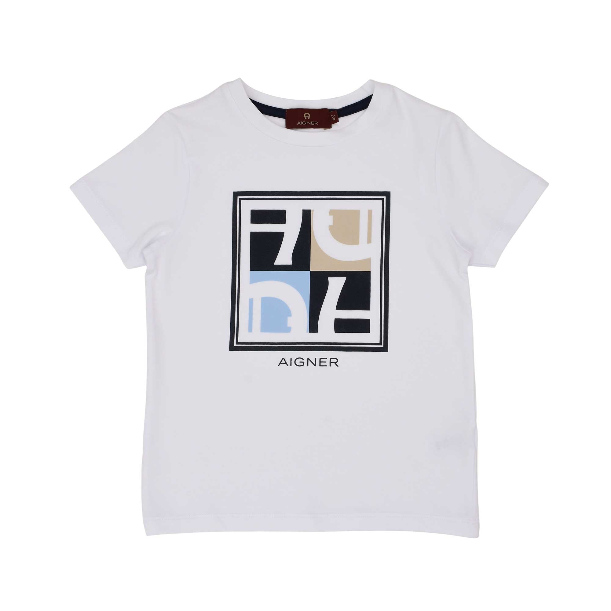 Detailed view of the white T-shirt showing the colorful geometric "A" logo box and crew neck collar.