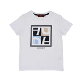 Detailed view of the white T-shirt showing the colorful geometric "A" logo box and crew neck collar.