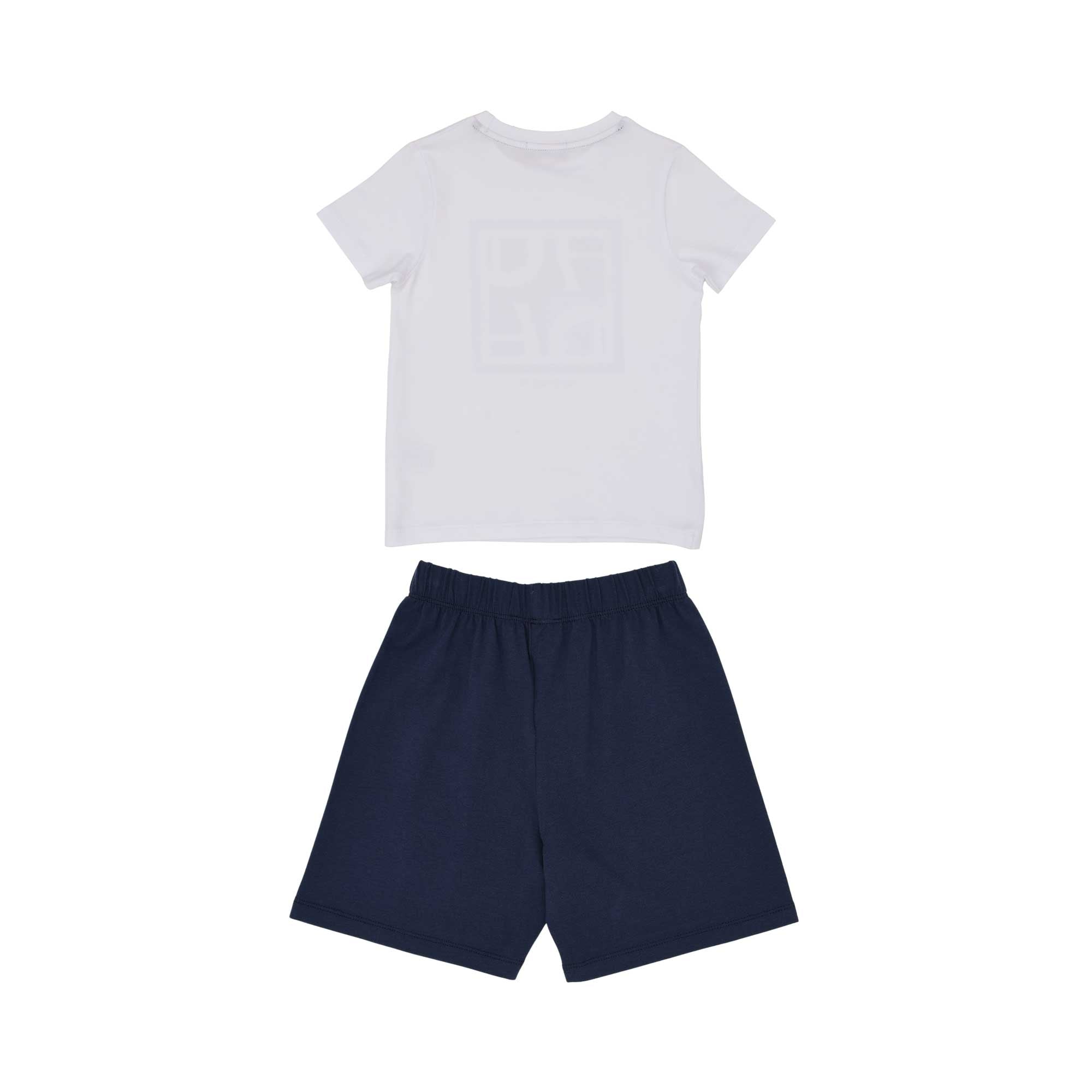 Back view of the Aigner Kids boys set showing the plain white back of the T-shirt and the navy elasticated shorts.