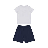 Back view of the Aigner Kids boys set showing the plain white back of the T-shirt and the navy elasticated shorts.