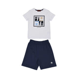 Full front view of the Aigner Kids two-piece set featuring a white short-sleeved T-shirt with a square logo graphic and navy blue jersey shorts.