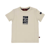 Front of an Aigner Kids beige short-sleeved T-shirt for boys featuring a black rectangular geometric logo print on the chest and popper buttons on the shoulder.