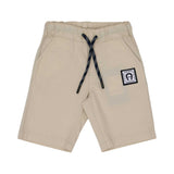 Close-up of beige Aigner Kids shorts featuring an elastic waist, navy speckled drawstring, and a black logo patch.