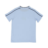 The reverse side of a plain light blue Aigner Kids T-shirt, showing the continuation of the navy piping on the sleeves.