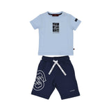 Front view of the Aigner Kids boys set showing a light blue T-shirt with a square horseshoe logo and navy jersey shorts.