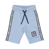 Light blue Aigner Kids jersey shorts showing the navy drawstring, side logo-tape, and a cargo pocket with a brand patch.