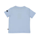 Back view of the light blue T-shirt's chest graphic, featuring the navy and beige geometric horseshoe design.