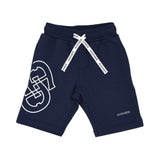 Detailed view of the navy shorts showing the comfortable elastic waistband and light blue logo print.