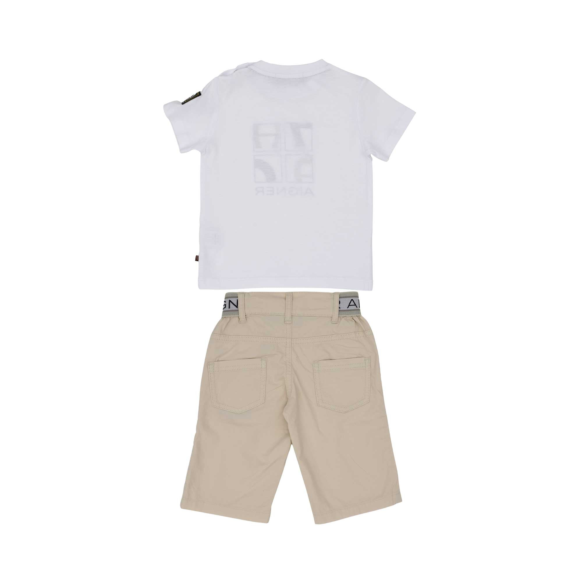 Rear view of the Aigner Kids set showing the logo-tape elastic waist and two back patch pockets on the beige shorts.