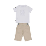 Rear view of the Aigner Kids set showing the logo-tape elastic waist and two back patch pockets on the beige shorts.